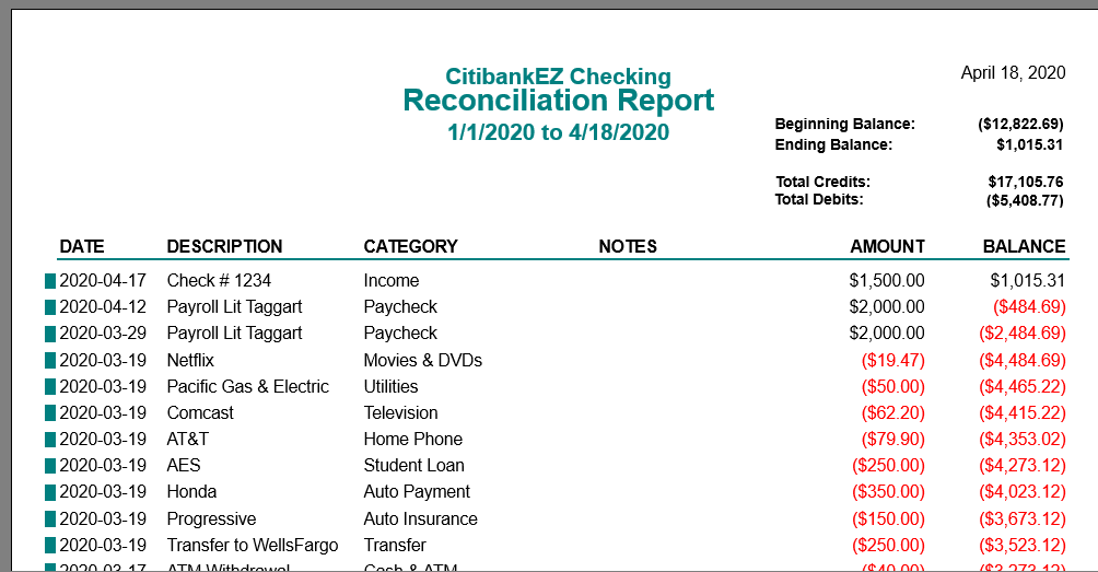 moneydance 2017 reconcile report